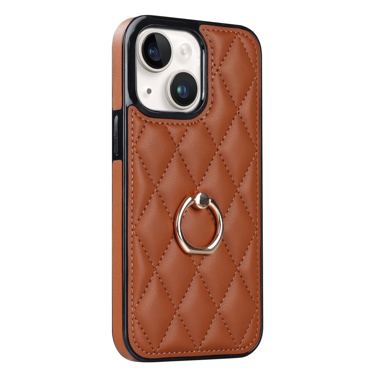 For iPhone 13 6.1 inch PU Leather+TPU Phone Case Stitching Rhombus Ring Holder Kickstand Phone Cover