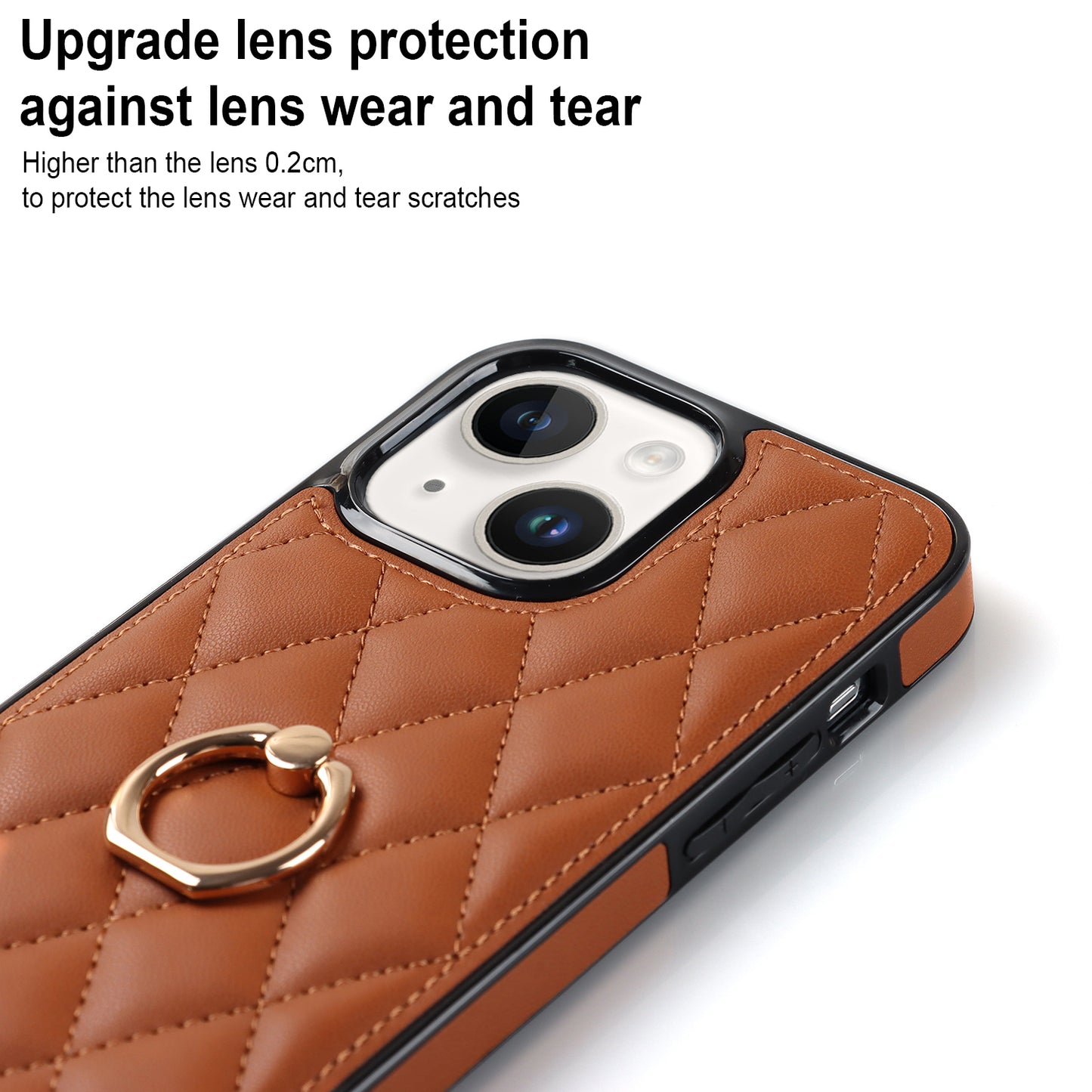 For iPhone 13 6.1 inch PU Leather+TPU Phone Case Stitching Rhombus Ring Holder Kickstand Phone Cover