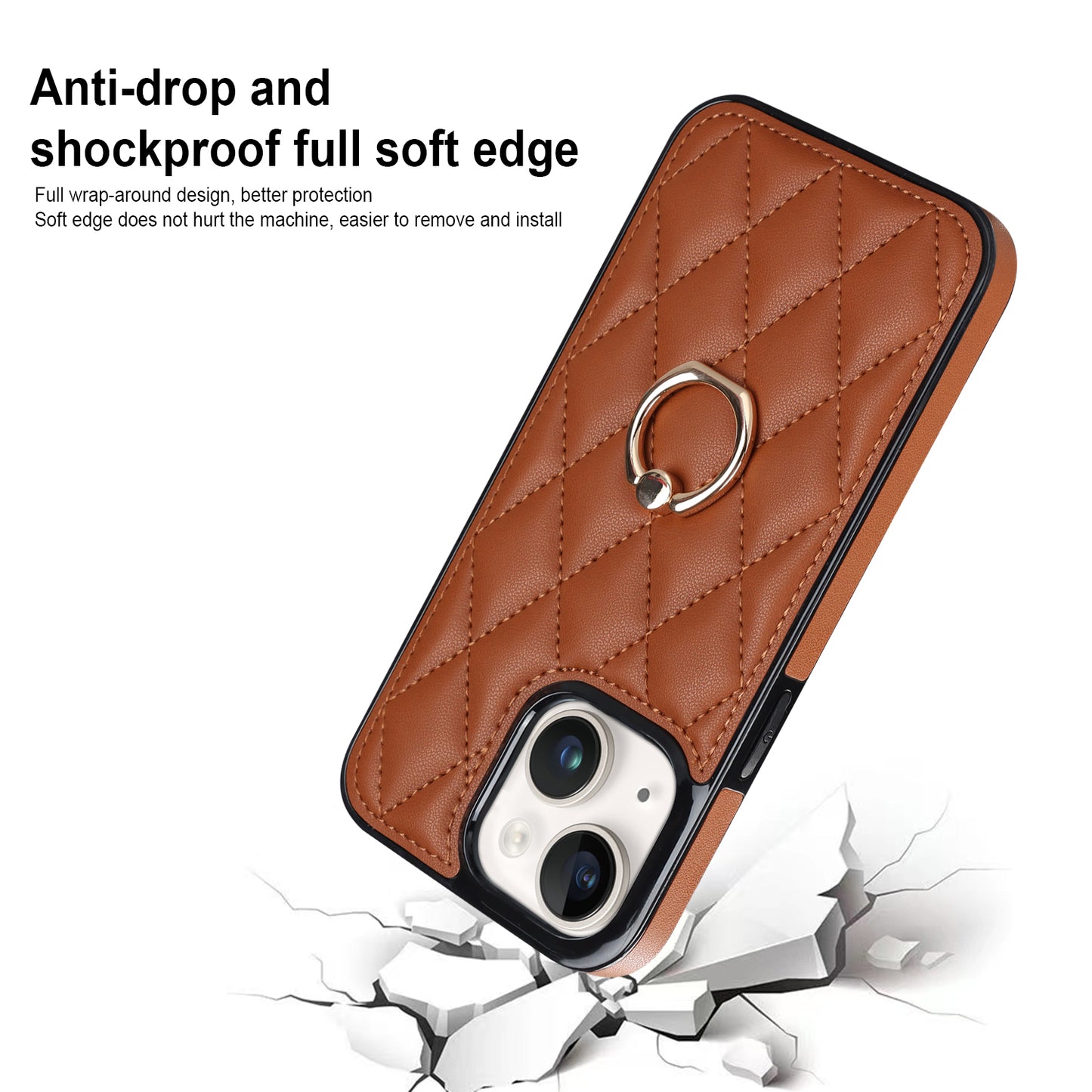 For iPhone 13 6.1 inch PU Leather+TPU Phone Case Stitching Rhombus Ring Holder Kickstand Phone Cover
