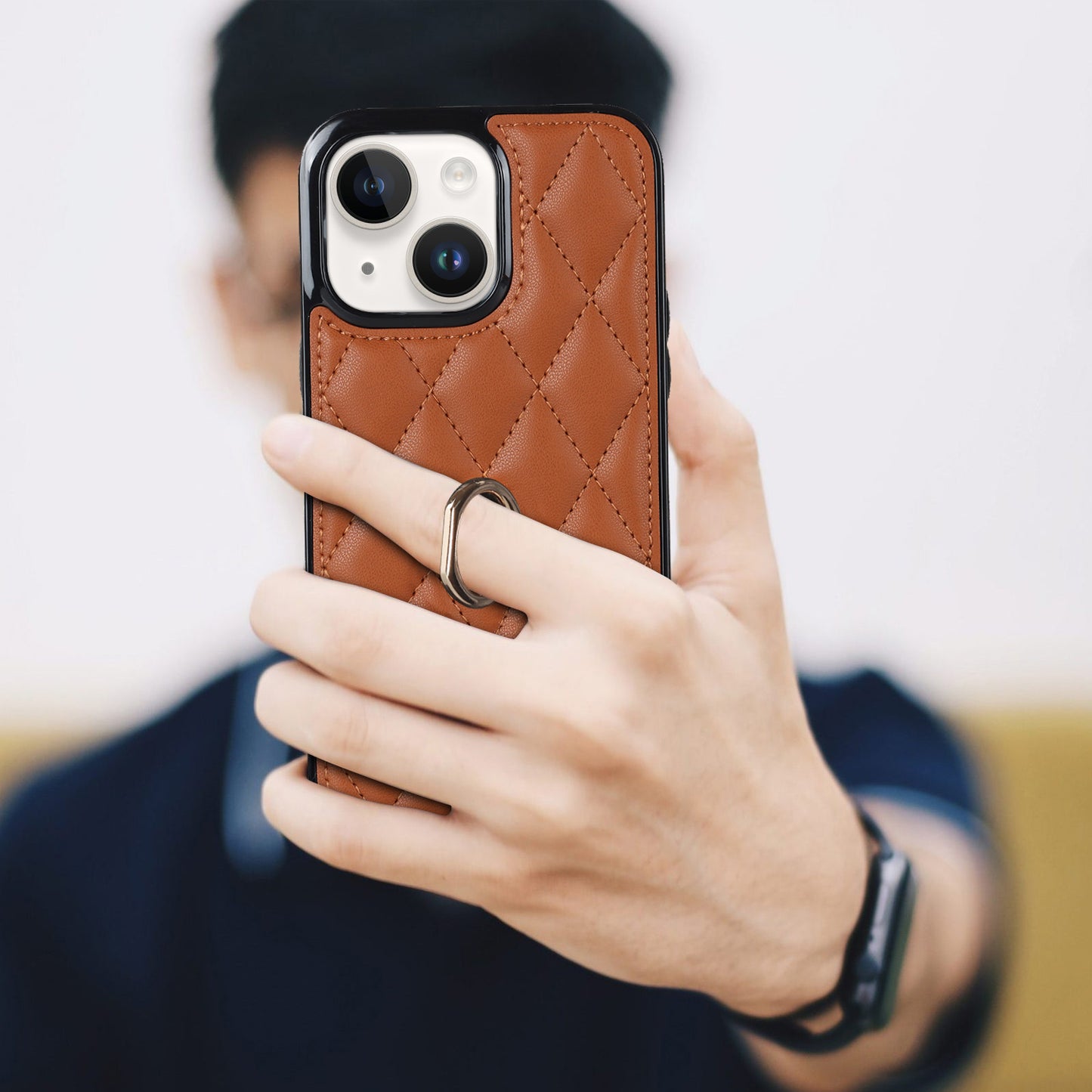 For iPhone 13 6.1 inch PU Leather+TPU Phone Case Stitching Rhombus Ring Holder Kickstand Phone Cover