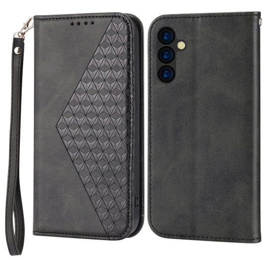 Phone Case for Samsung Galaxy A24 4G , Imprinted Rhombus Pattern Wallet Calf Texture PU Leather Stand Phone Cover