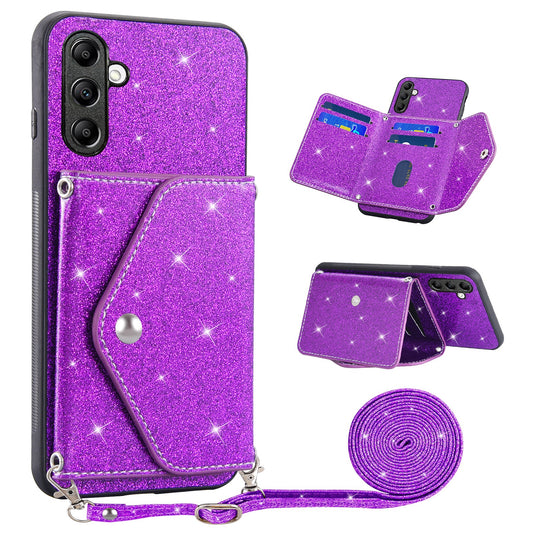 For Samsung Galaxy A54 5G Card Holder Glitter Phone Kickstand Case PU Leather Coated TPU Cover