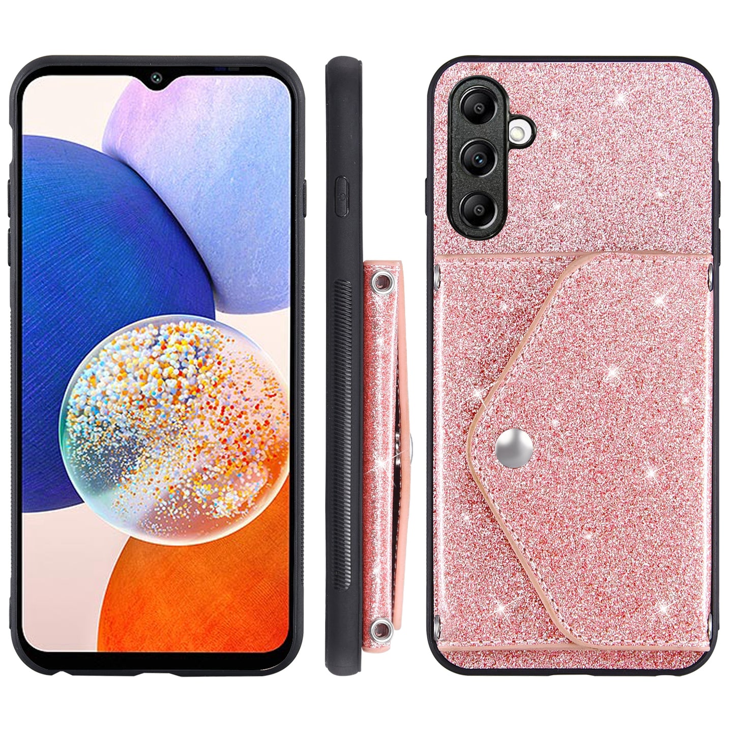 For Samsung Galaxy A54 5G Card Holder Glitter Phone Kickstand Case PU Leather Coated TPU Cover