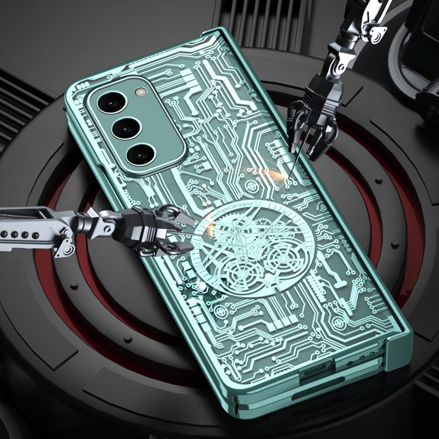 For Samsung Galaxy Z Fold2 5G Mechanical Legend Series Hinge Protection Phone Case Hard PC Electroplating Cover with Tempered Glass Film