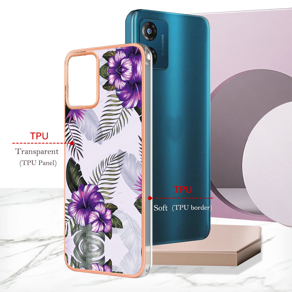 YB IMD Series-1 for Motorola Moto E13 4G Electroplating Phone Case Marble Floral Pattern TPU IMD Cover