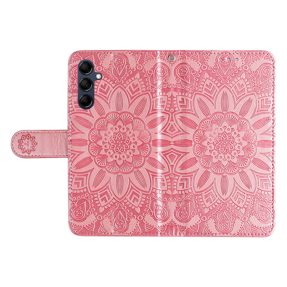 For Samsung Galaxy M14 5G Sunflower Imprinted Phone Wallet Case PU Leather Stand Cover with Strap