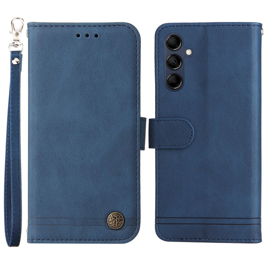 PU Leather Case for Samsung Galaxy M14 5G Skin-touch Imprinted Lines Wallet Stand Phone Cover