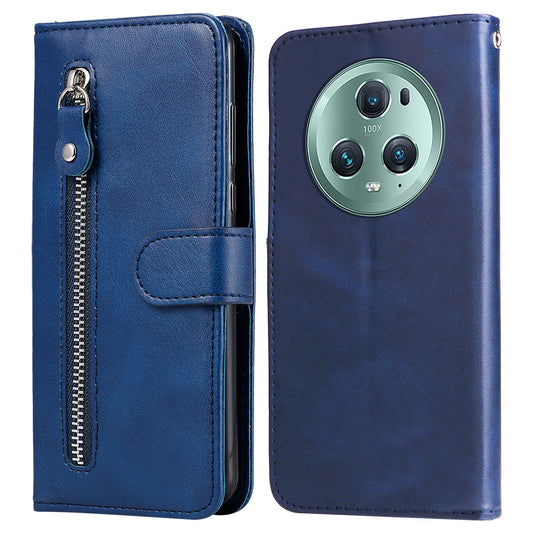 Wallet Phone Cover for Honor Magic5 Pro PU Leather Case Zipper Pocket Calf Texture Stand Shell