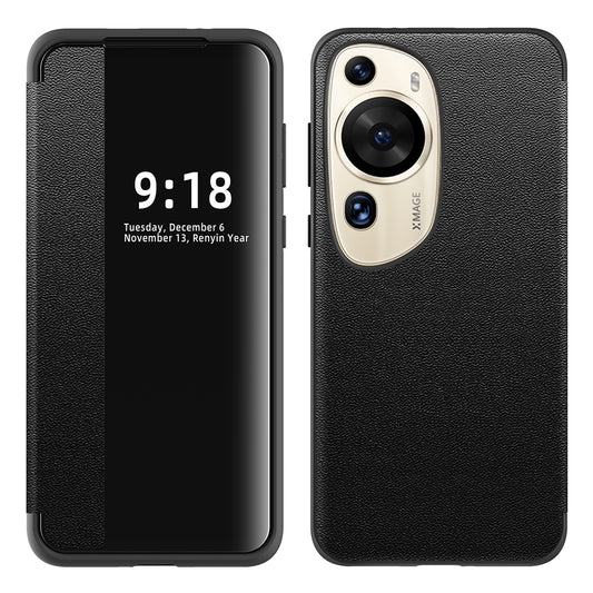 For Huawei P60 Art Phone Case View Window Design Flip Cover Anti-fall PU Leather TPU Acrylic Phone Shell