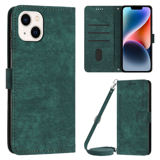 For iPhone 14 Plus Flip Folio Cover PU Leather Lines Imprinted Stand Crossbody Wallet Phone Case