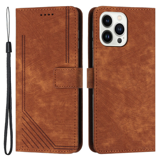 For iPhone 14 Pro Skin-touch Leather Phone Case Lines Imprinted Wallet Stand Cover