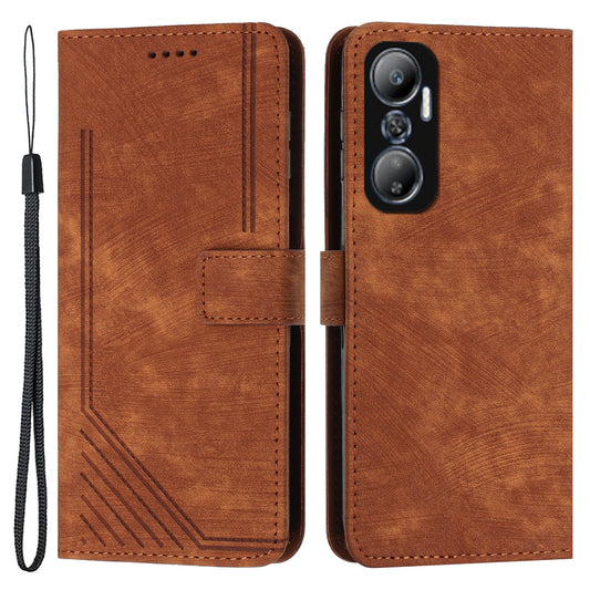 For Infinix Hot 20 4G Skin-touch Leather Phone Case Lines Imprinted Cover with Stand Wallet