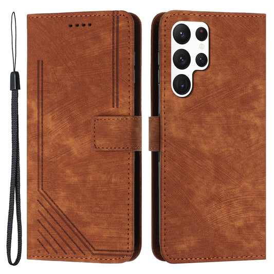 For Samsung Galaxy S22 Ultra 5G Anti-Drop Phone Case Skin-Touch Lines Imprinted PU Leather Wallet Cover