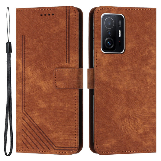 For Xiaomi 11T Pro 5G / 11T 5G Skin-touch Leather Wallet Full Protection Shell Lines Imprint Flip Stand Phone Case