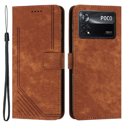 For Xiaomi Poco X4 Pro 5G Skin-touch Phone Stand Case PU Leather Lines Imprinted Wallet Cover