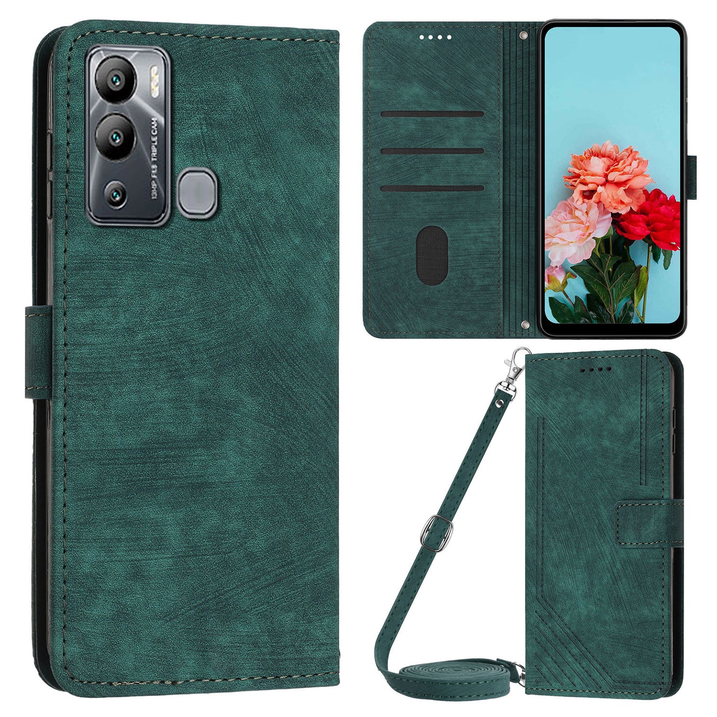 For Infinix Hot 12i 4G Slim-Fit Wallet Phone Stand Case PU Leather Lines Imprinted Skin-Touch Cover with Straps