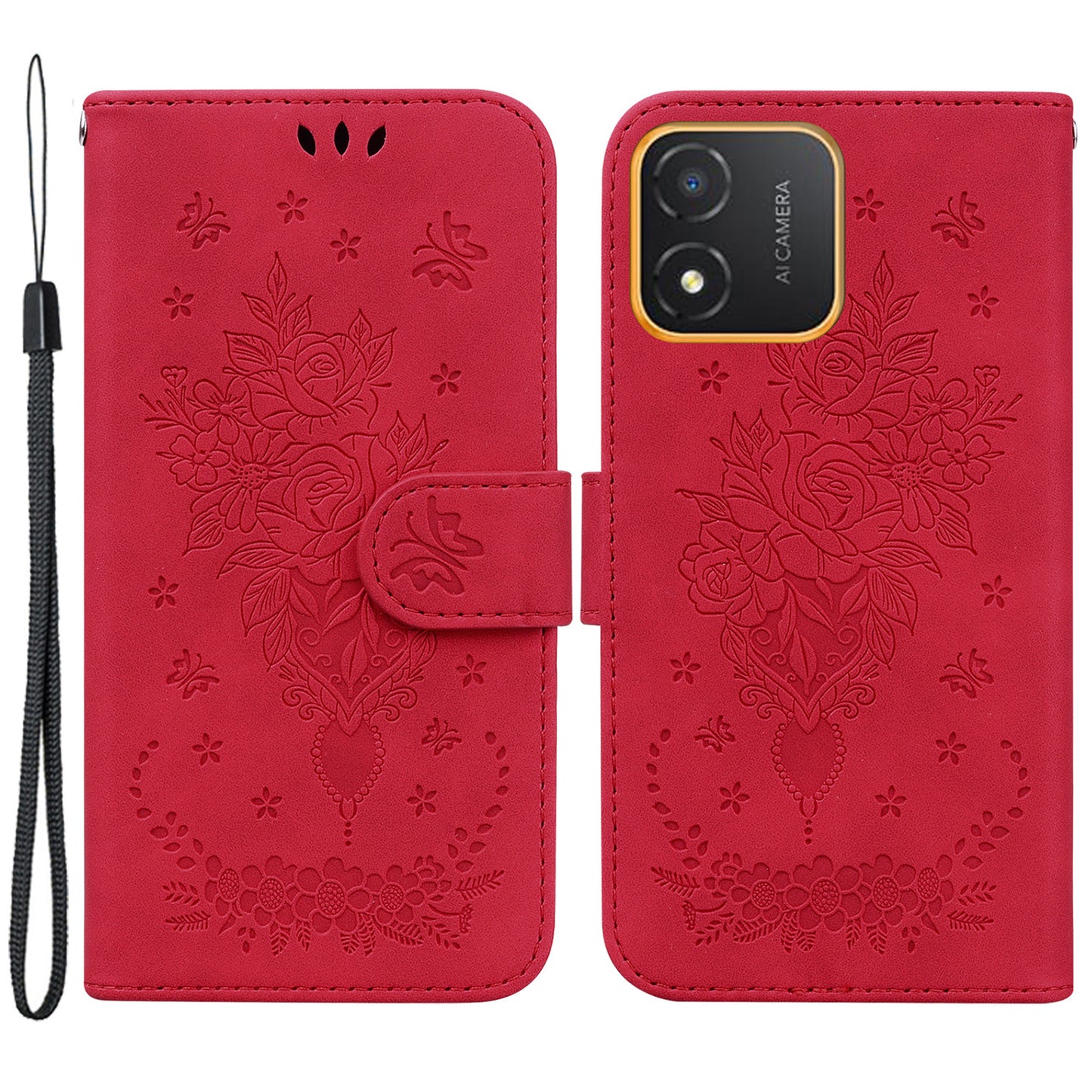 For Honor X5 4G TPU+PU Leather Phone Shell Rose Butterfly Imprinted Stand Wallet Phone Stand Case