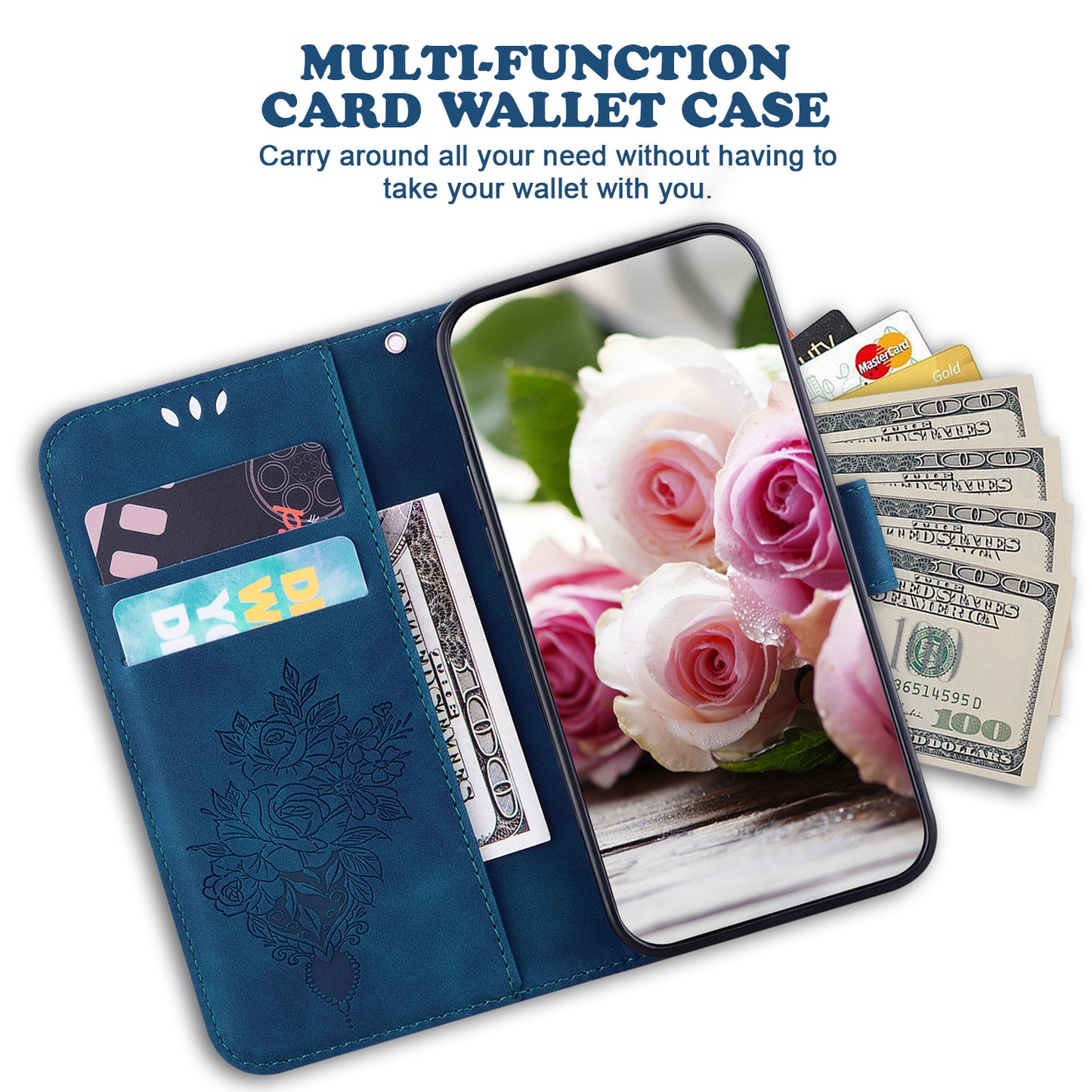 For Huawei nova Y61 4G / Enjoy 50z 4G Wallet Phone Stand Case Imprinted Rose Butterfly Leather Phone Shell Cover