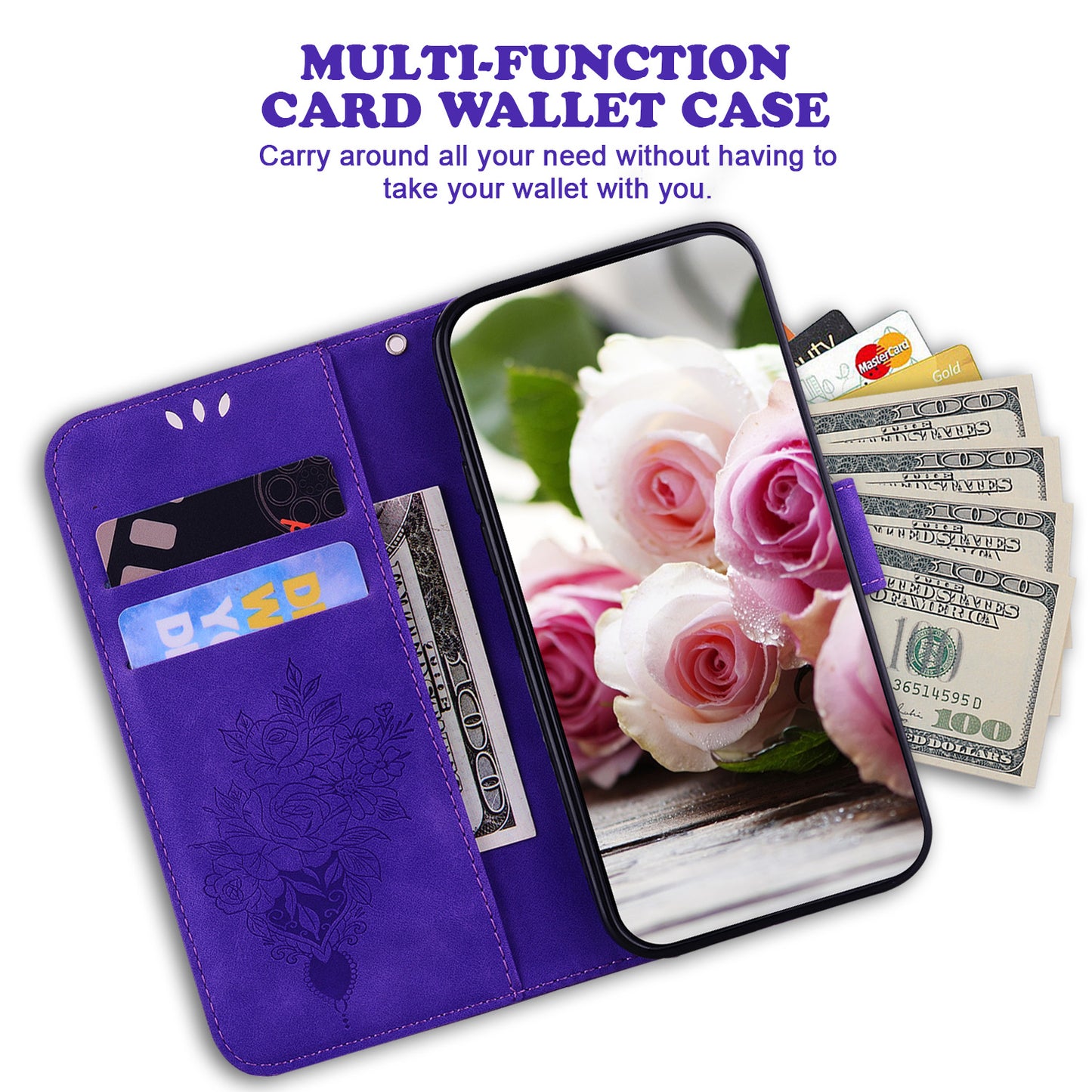 For Huawei nova Y61 4G / Enjoy 50z 4G Wallet Phone Stand Case Imprinted Rose Butterfly Leather Phone Shell Cover