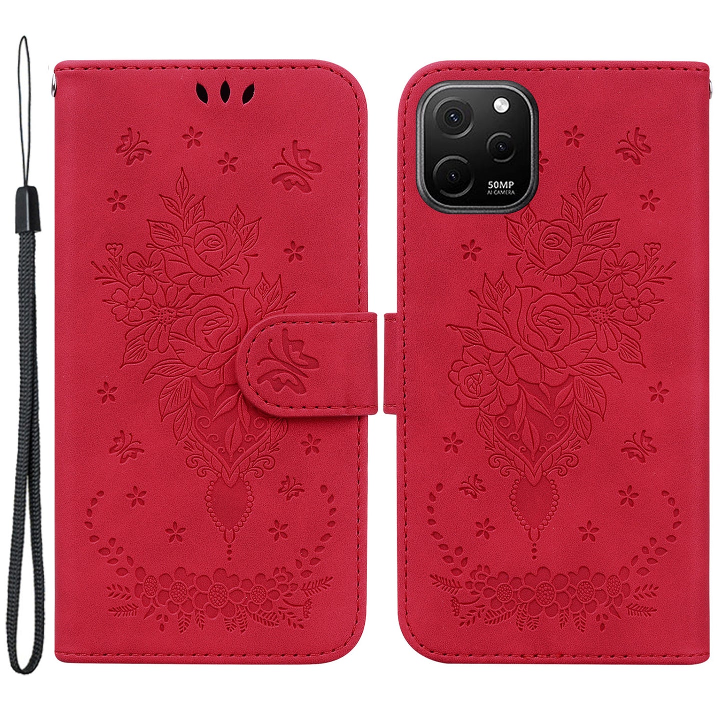 For Huawei nova Y61 4G / Enjoy 50z 4G Wallet Phone Stand Case Imprinted Rose Butterfly Leather Phone Shell Cover