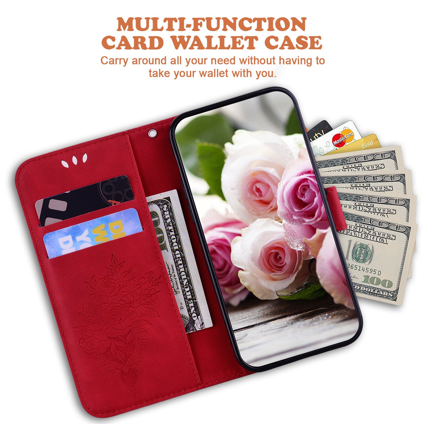 For Huawei nova Y61 4G / Enjoy 50z 4G Wallet Phone Stand Case Imprinted Rose Butterfly Leather Phone Shell Cover