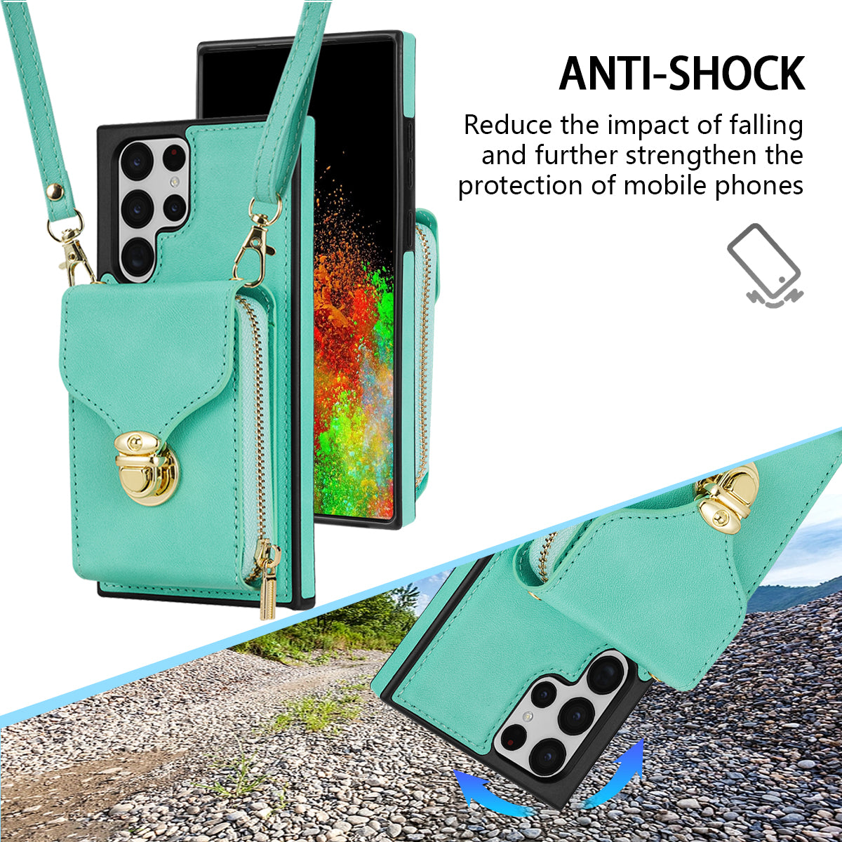 For Samsung Galaxy S22 Ultra 5G Zipper Card Holder Case Crossbody PU Leather + TPU Kickstand Phone Cover