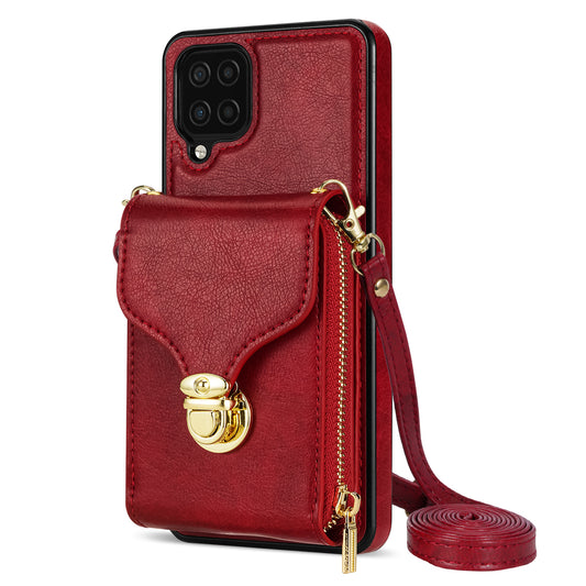 For Samsung Galaxy A12 Zipper Card Holder Bag Phone Case PU Leather Coated TPU Kickstand Cover