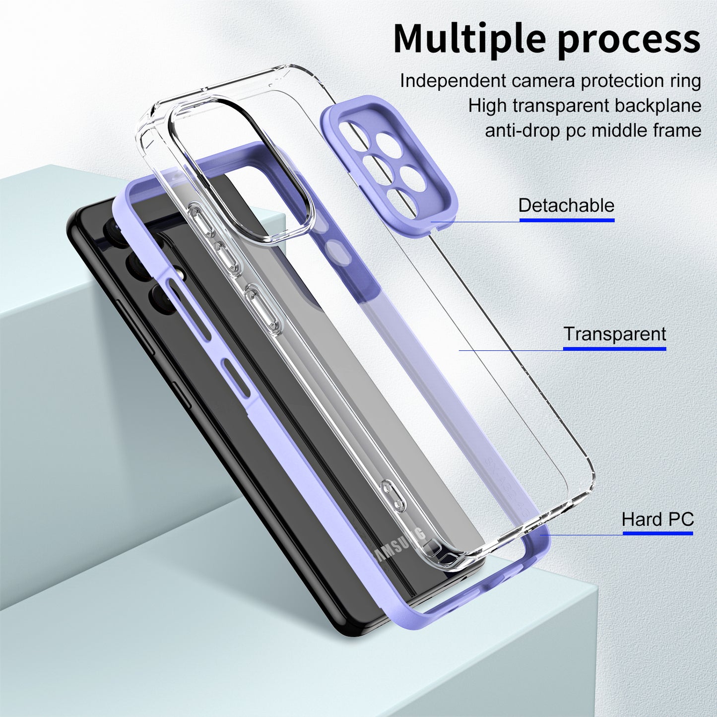 For Samsung Galaxy A72 4G / 5G Case TPU PC Phone Shell 3-in-1 Clear Phone Cover with PC Camera Frame