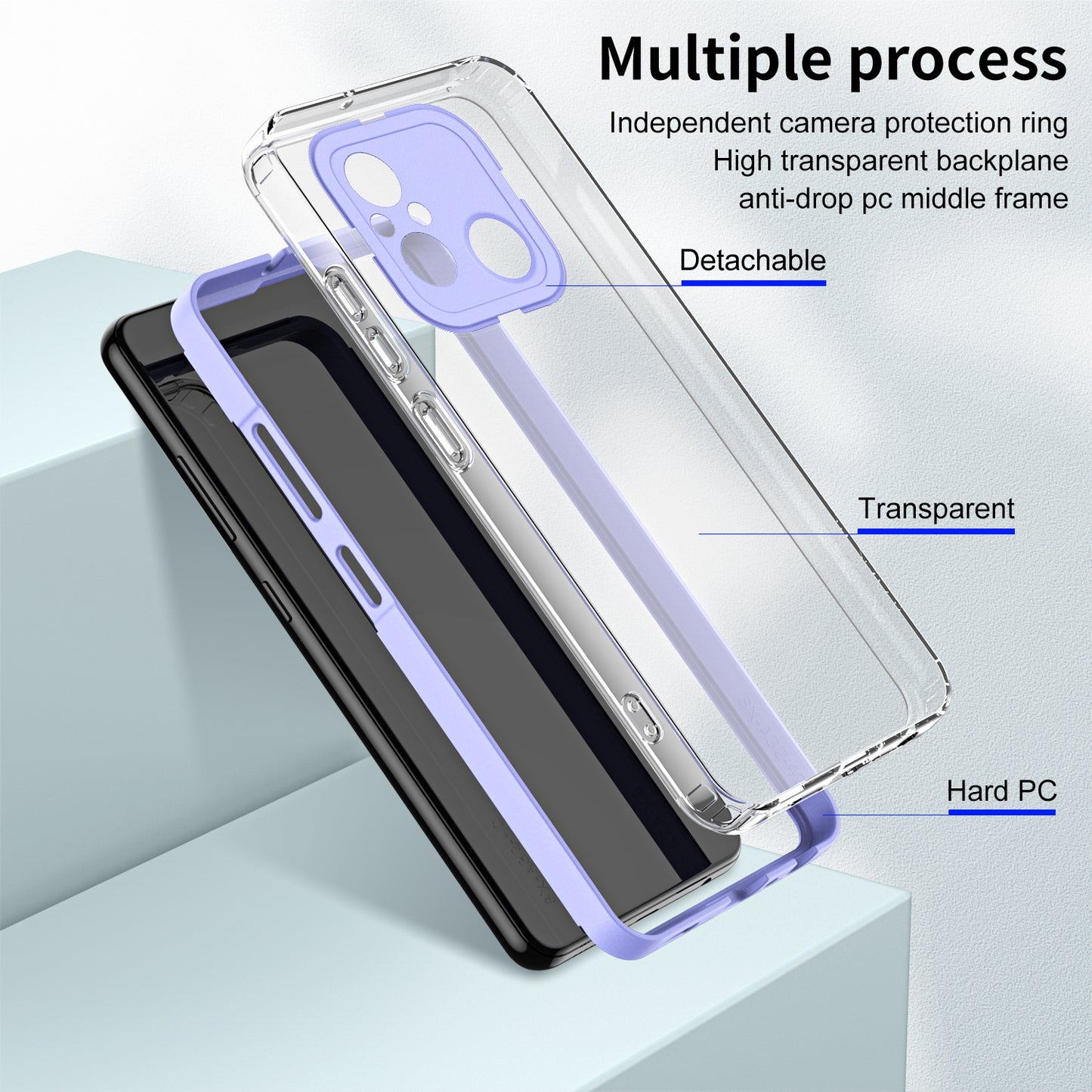 TPU PC Phone Case for Xiaomi Redmi 12C 4G Anti-Drop 3-in-1 Clear Cover with PC Camera Frame
