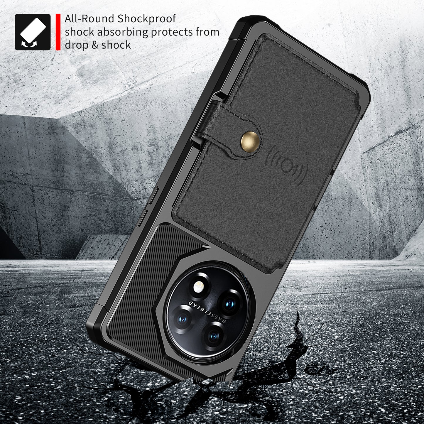 ZM03 For OnePlus 11 5G Shockproof Case PU Leather Coated TPU Phone Cover with Card Holder, Kickstand