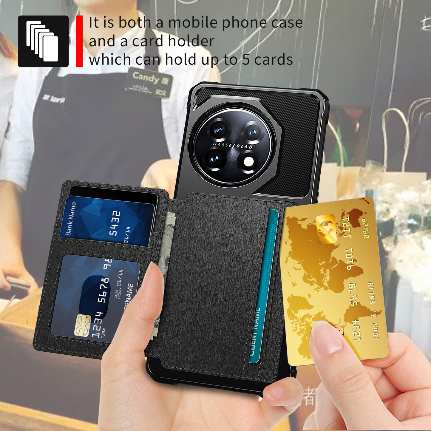 ZM03 For OnePlus 11 5G Shockproof Case PU Leather Coated TPU Phone Cover with Card Holder, Kickstand