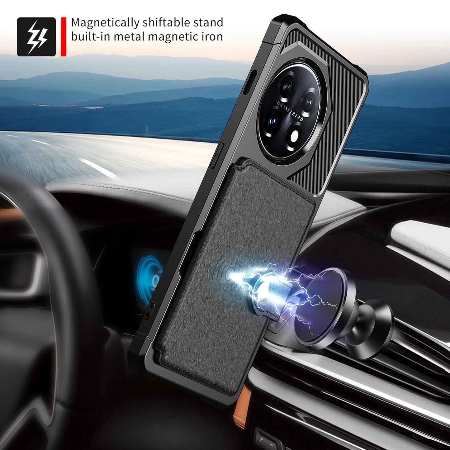 ZM03 For OnePlus 11 5G Shockproof Case PU Leather Coated TPU Phone Cover with Card Holder, Kickstand