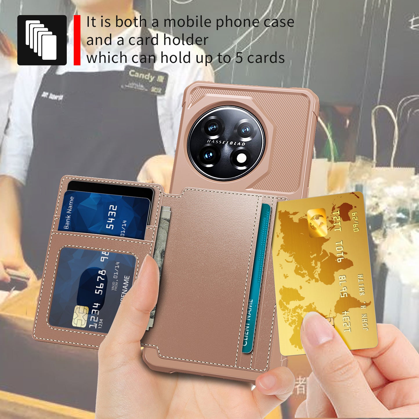 ZM03 For OnePlus 11 5G Shockproof Case PU Leather Coated TPU Phone Cover with Card Holder, Kickstand