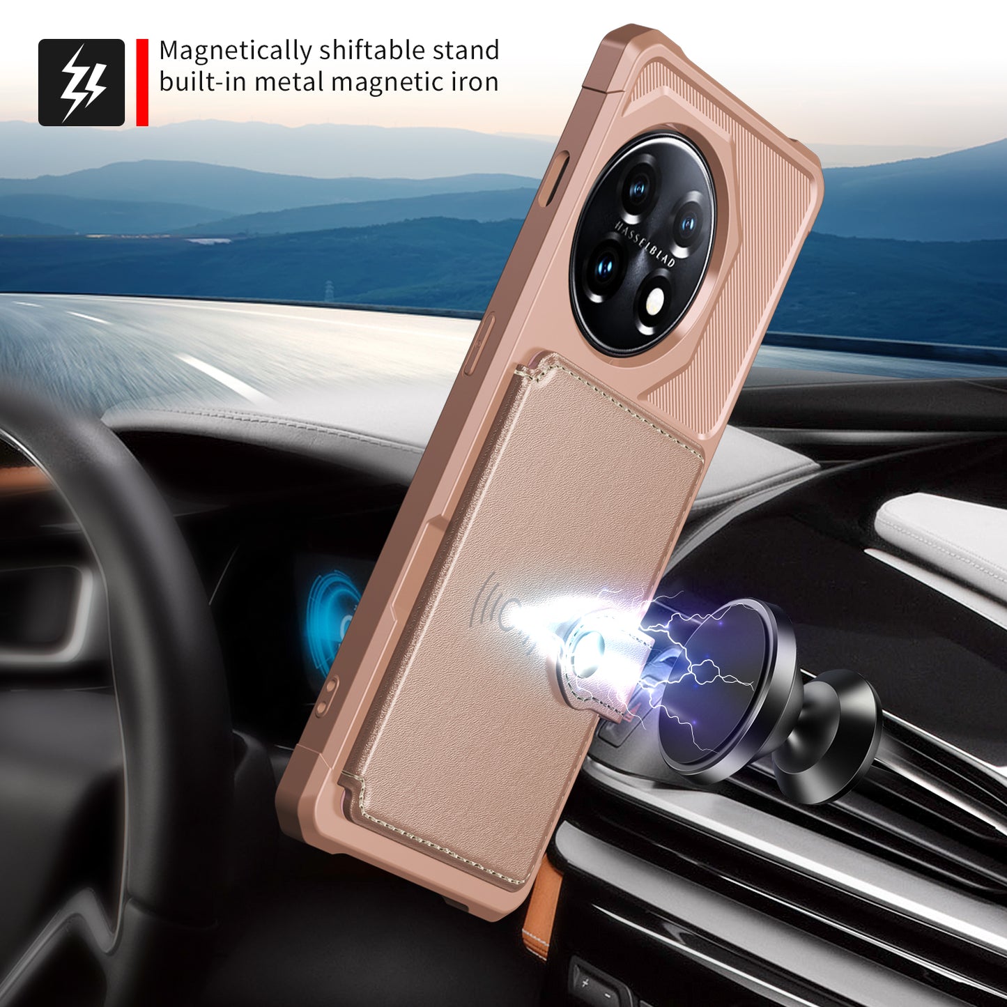 ZM03 For OnePlus 11 5G Shockproof Case PU Leather Coated TPU Phone Cover with Card Holder, Kickstand