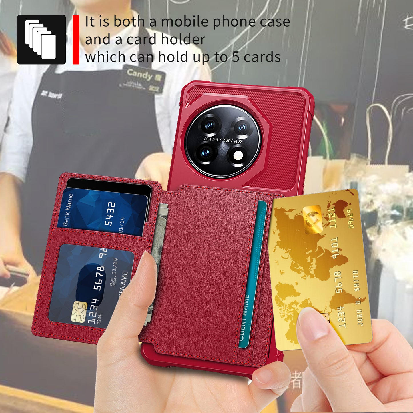 ZM03 For OnePlus 11 5G Shockproof Case PU Leather Coated TPU Phone Cover with Card Holder, Kickstand