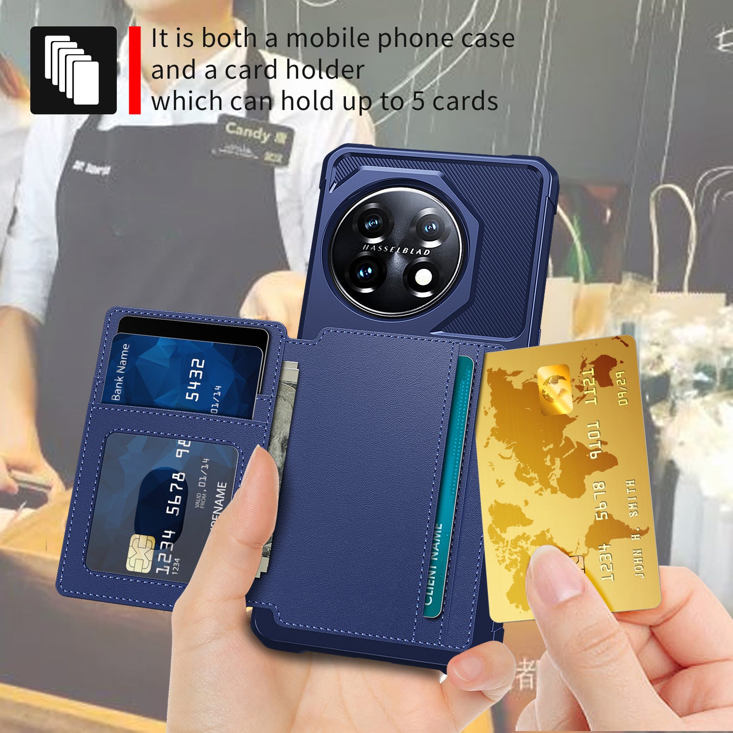 ZM03 For OnePlus 11 5G Shockproof Case PU Leather Coated TPU Phone Cover with Card Holder, Kickstand