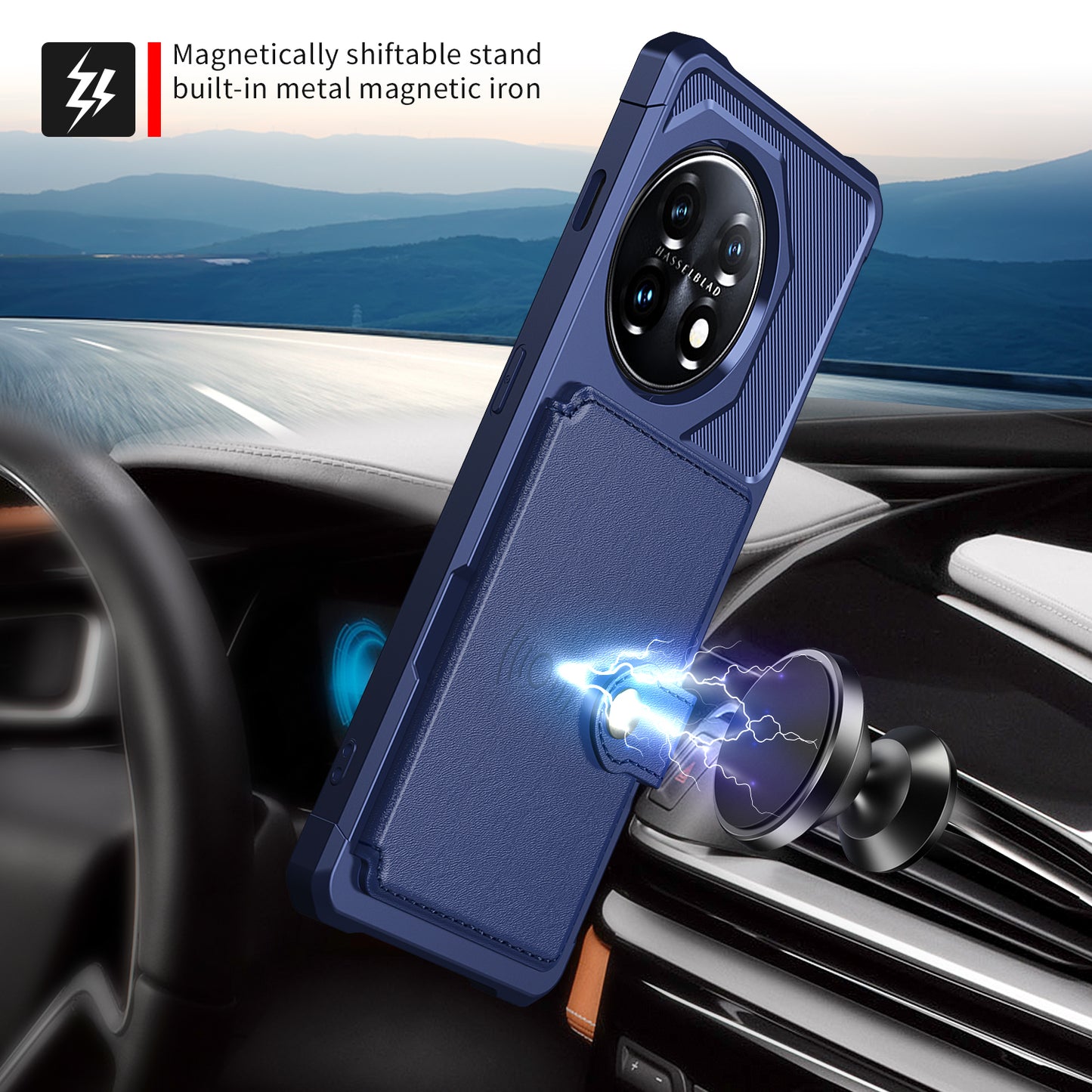 ZM03 For OnePlus 11 5G Shockproof Case PU Leather Coated TPU Phone Cover with Card Holder, Kickstand