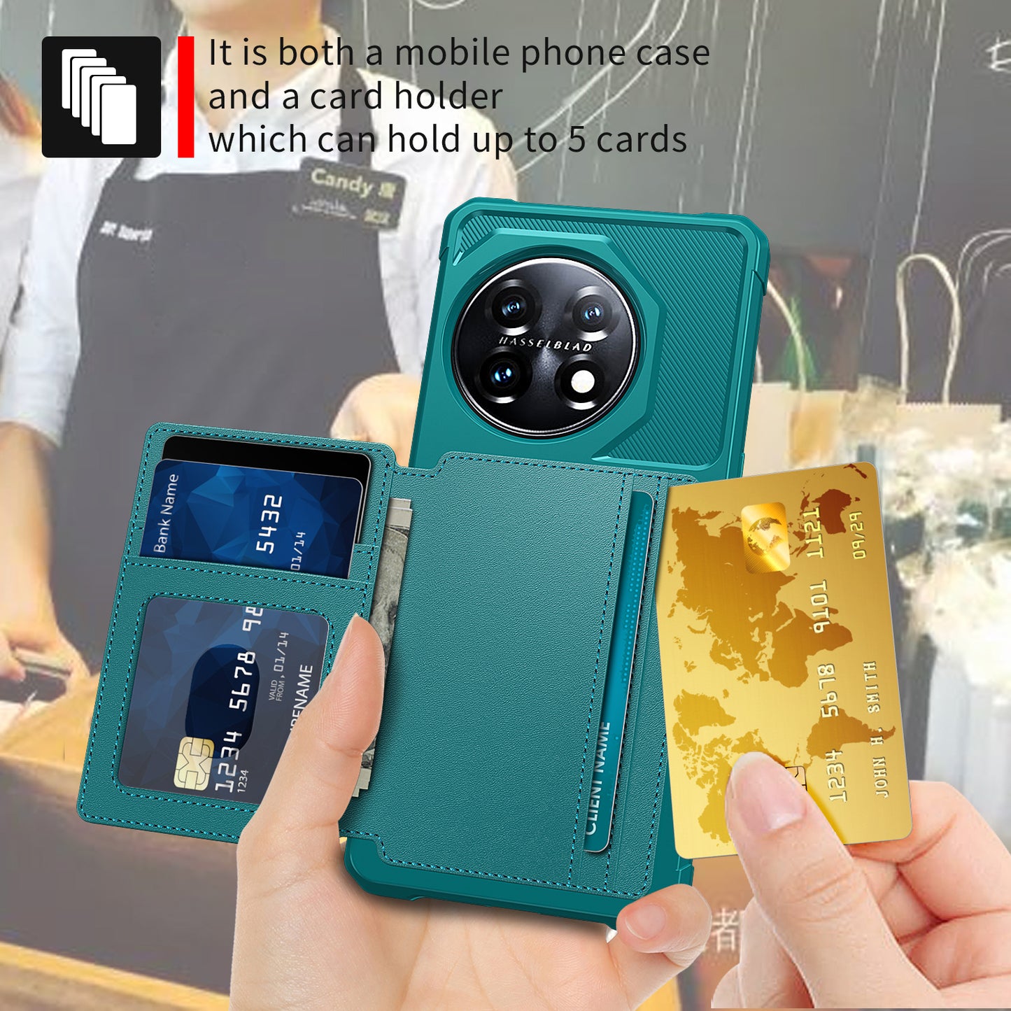ZM03 For OnePlus 11 5G Shockproof Case PU Leather Coated TPU Phone Cover with Card Holder, Kickstand