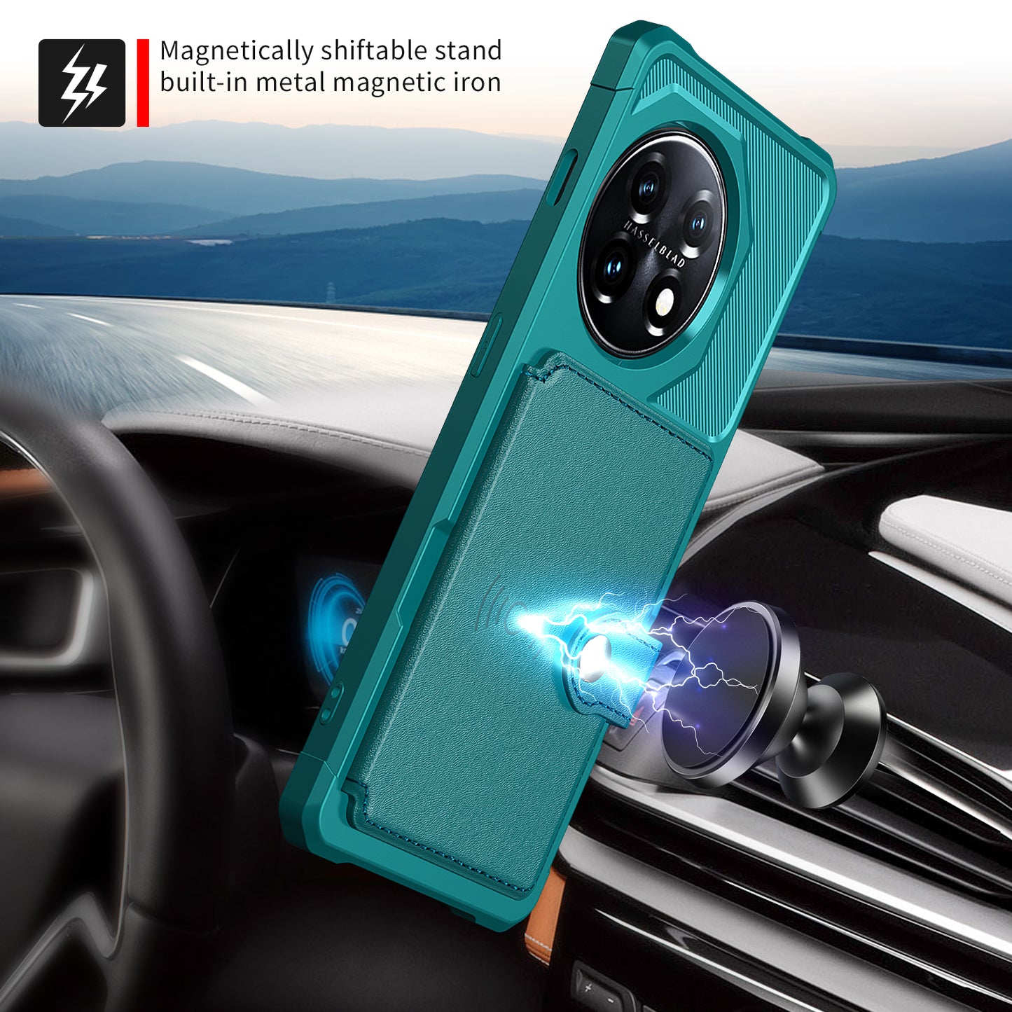 ZM03 For OnePlus 11 5G Shockproof Case PU Leather Coated TPU Phone Cover with Card Holder, Kickstand