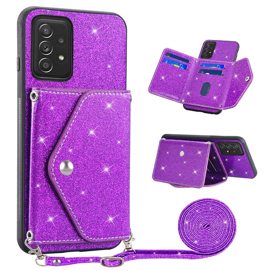 For Samsung Galaxy A73 5G Phone Cover Card Holder Glitter Kickstand Leather Coated TPU Case