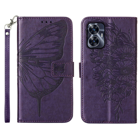 YB Imprinting Series-4 For Realme C55 Imprinted Pattern Wallet Phone Case Leather Stand Cover with Hand Strap