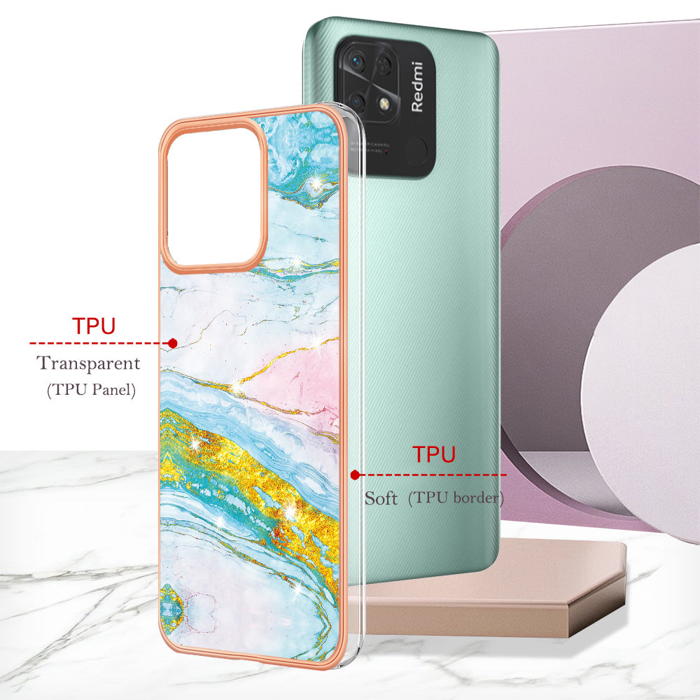 YB IMD Series-2 Electroplating Cover for Xiaomi Redmi 10C 4G IMD Marble Pattern Phone Case TPU Shell