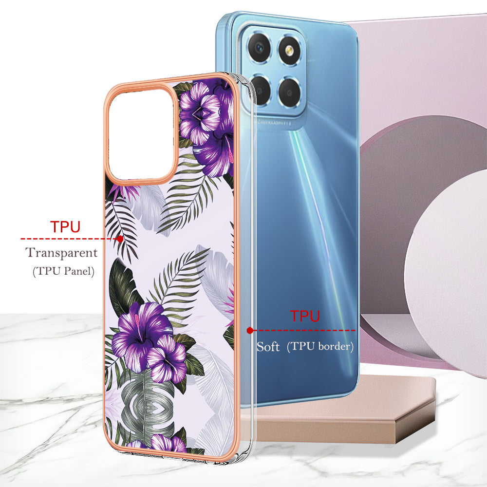 YB IMD Series-1 Electroplating Phone Case for Honor X8 5G Marble Floral Pattern TPU Protective Cover