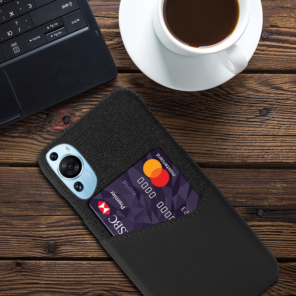 For Huawei P60 Art Cloth Texture Card Holder Phone Case Leather Coated Hard PC Cover