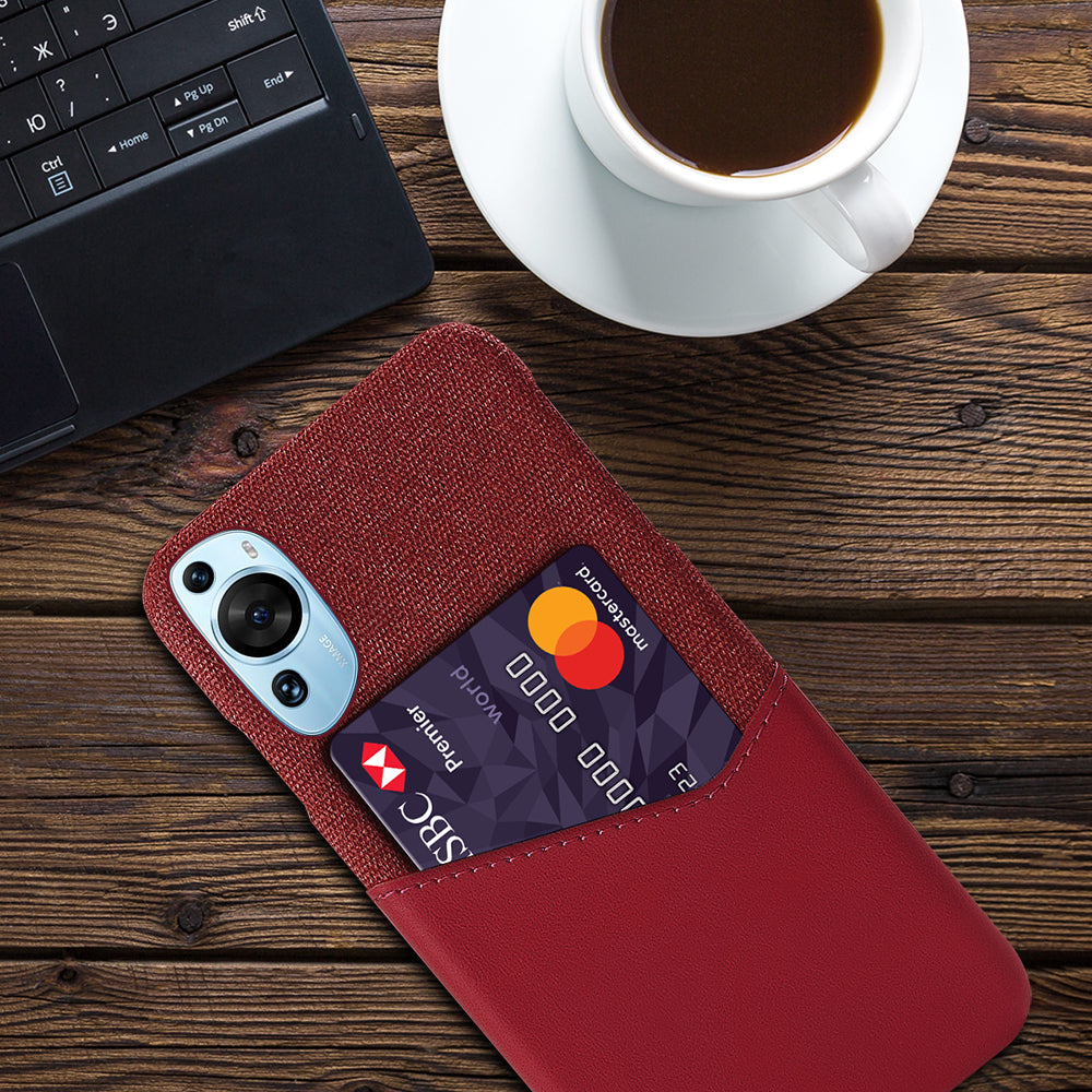 For Huawei P60 Art Cloth Texture Card Holder Phone Case Leather Coated Hard PC Cover