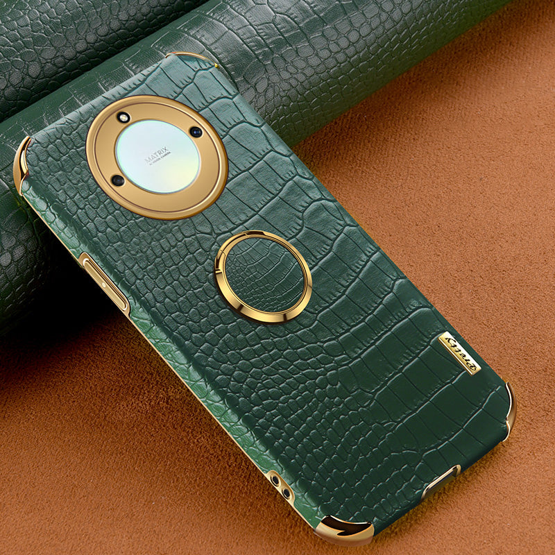 For Honor X40 5G Crocodile Texture Leather Coated TPU Phone Case 6D Electroplated Cover with Ring Kickstand