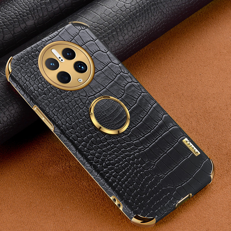 For Huawei Mate 50 Pro 4G Crocodile Texture Ring Kickstand Case 6D Electroplated Leather Coated TPU Phone Cover
