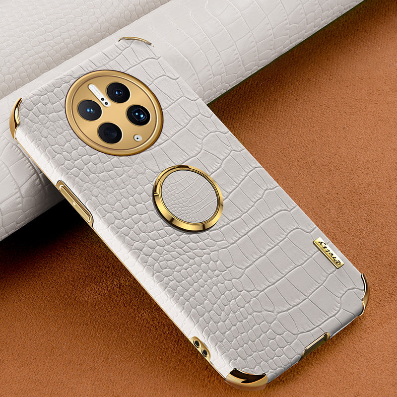 For Huawei Mate 50 Pro 4G Crocodile Texture Ring Kickstand Case 6D Electroplated Leather Coated TPU Phone Cover