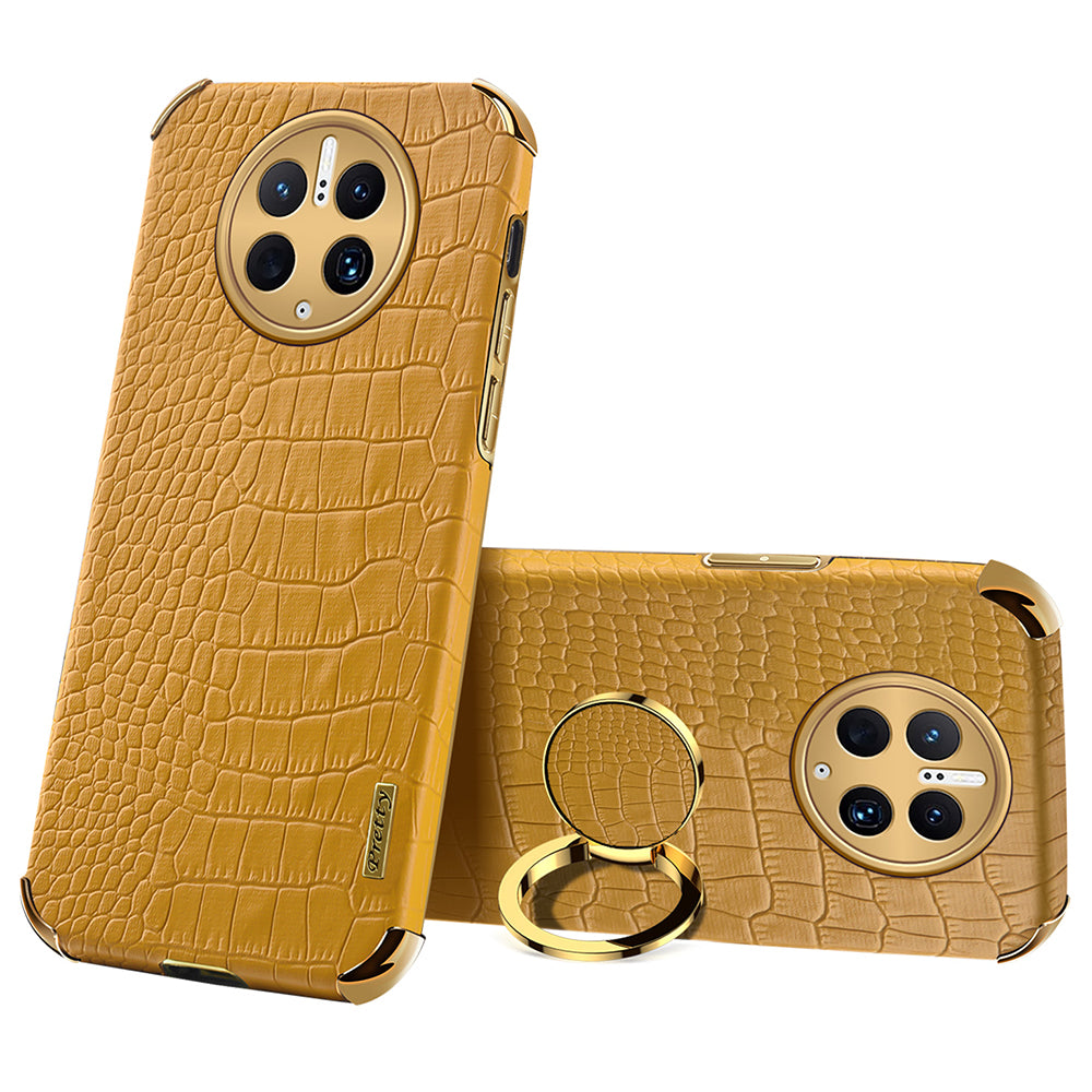 For Huawei Mate 50 Pro 4G Crocodile Texture Ring Kickstand Case 6D Electroplated Leather Coated TPU Phone Cover