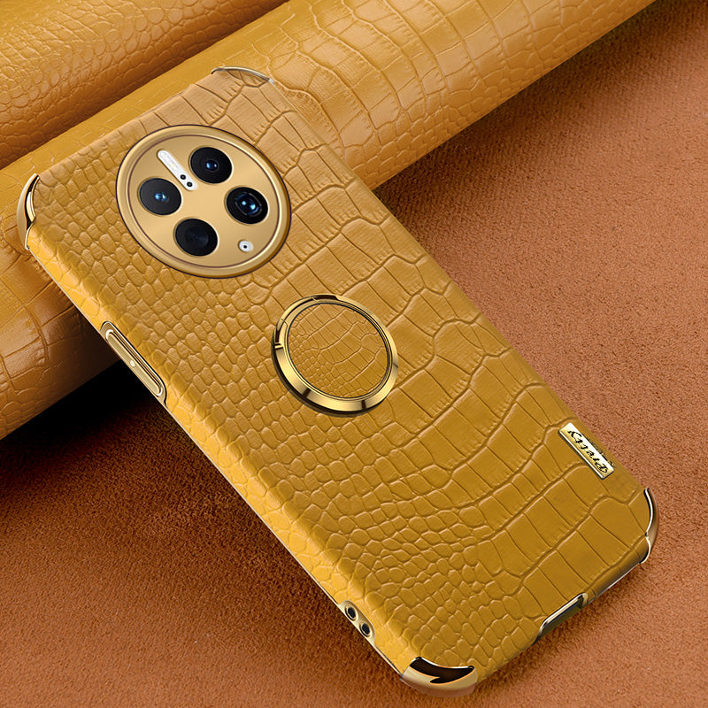 For Huawei Mate 50 Pro 4G Crocodile Texture Ring Kickstand Case 6D Electroplated Leather Coated TPU Phone Cover
